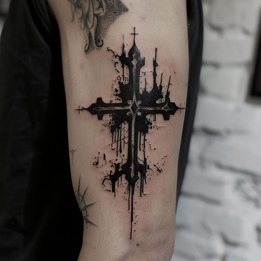Bicep tattoo of a gothic cross, Gerald Brom style