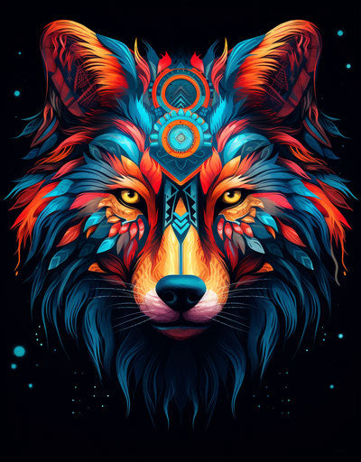 Tribal animal face of a wolf with patterns, in light crimson and azure style, vibrant illustrations 59:76
