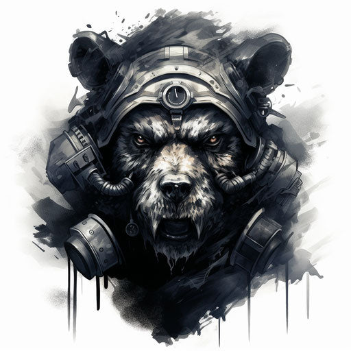 Bear in skull mask, digital painting, chrome-plated, ue5