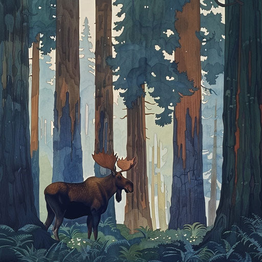 A moose among towering redwoods