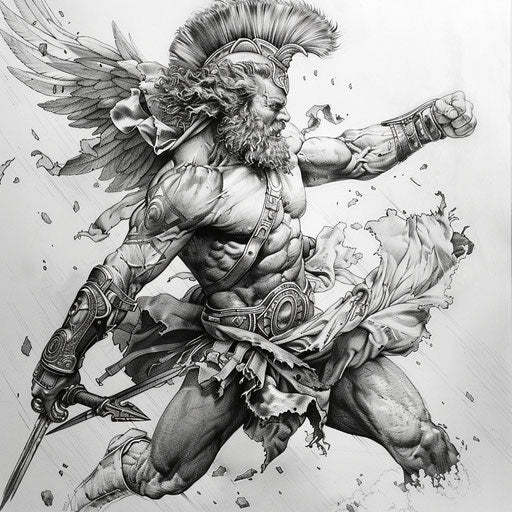 Zeus battling Titans, dynamic and powerful