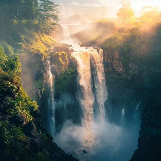 Tegenungan Waterfall with epic mist and golden hour light