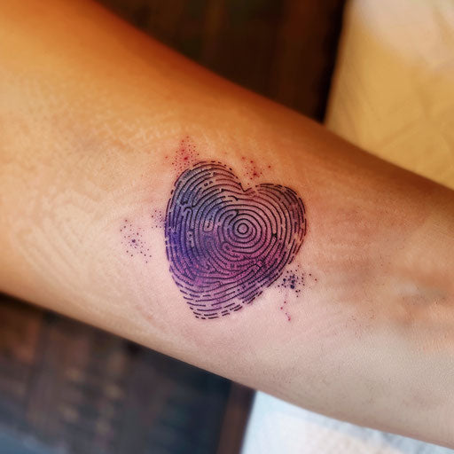 Modern fingerprint heart tattoo in purple-blue gradient on white background