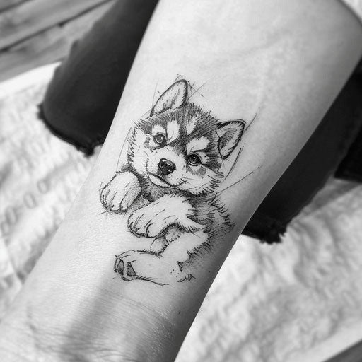 Tattoo sketch of husky puppy with oversized paw
