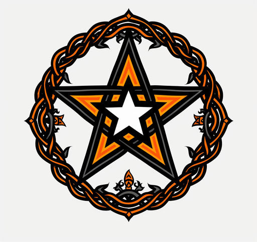 Black pentacle symbol with orange star in the middle