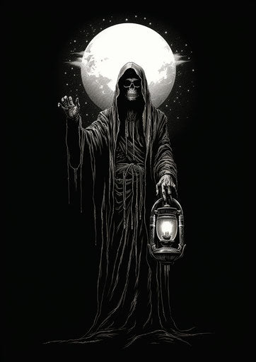 Grim reaper with lantern in black and white