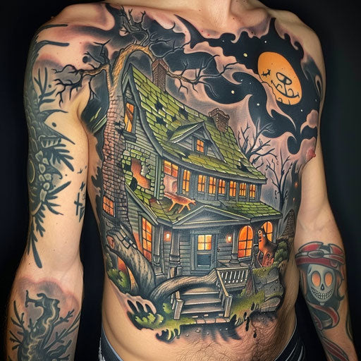 Abdominal tattoos of men from a haunted house, in the style of Steve Sack