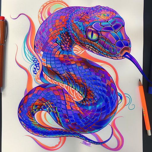 Psychedelic cobra tattoo sketch with swirling patterns and intense neon colors