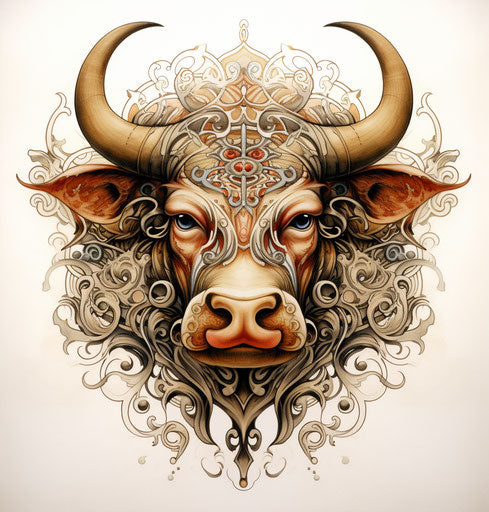 Ornamental bull tattoo in wiccan style