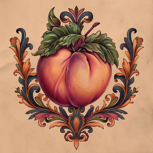 Baroque-style flat tattoo sketch of a peach with ornate details