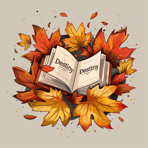 Cozy tattoo sketch of a book with 'Destiny' written on its open pages, surrounded by autumn leaves, in warm oranges and browns in a clipart style