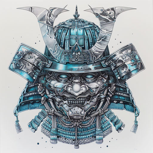 Japanese samurai head in technological symmetry style