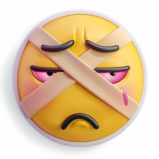 Sad face with bandages, yellow circle and pink eyeliner