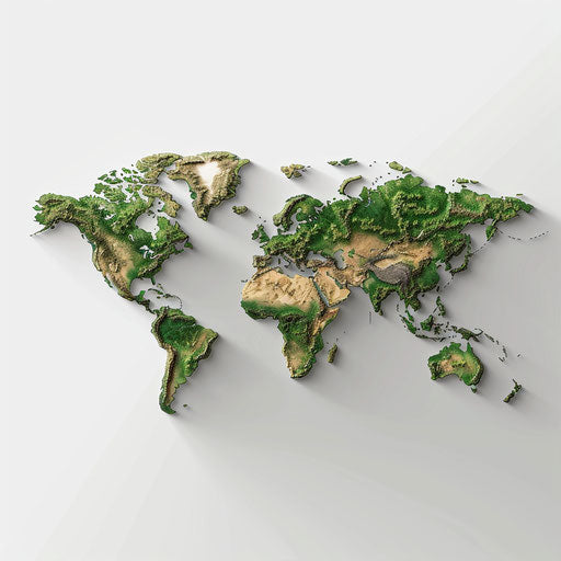 Photo realistic world map on flat white background with dynamic lighting and sharp detail