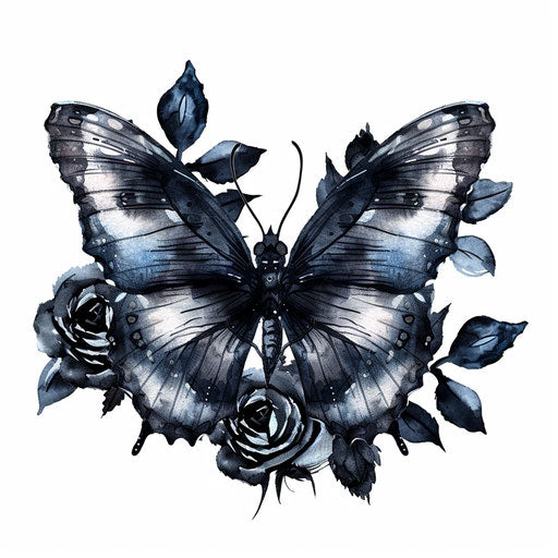 Gothic butterfly with dark roses tattoo