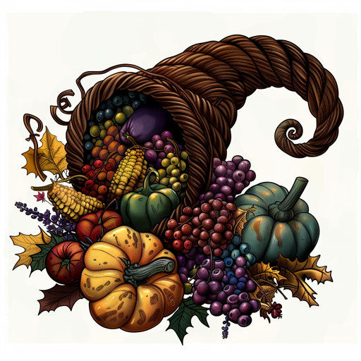 Cornucopia clipart with flat random background, high contrast and saturated hues