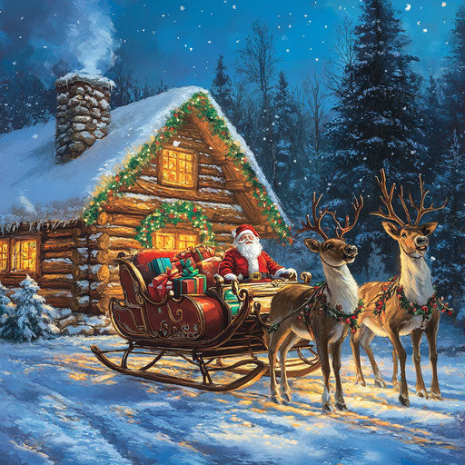 Santa's sleigh packed with colorful gifts, reindeer eagerly waiting by a cozy cabin.