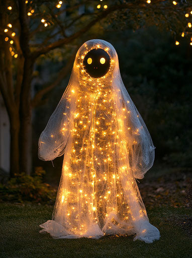 Halloween light-up ghost with lights and gauze, spooky setting