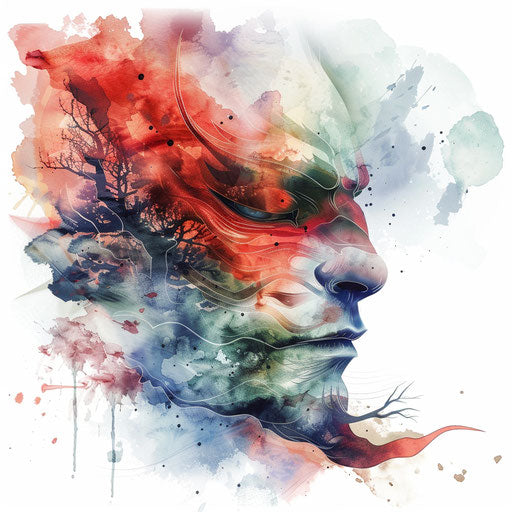 Dreamy oni face blending with a landscape, dreamy watercolor style, on white.