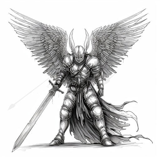 Guardian angel in battle armor, wielding a sword, with majestic wings spread out, as a tattoo illustration on a white background.