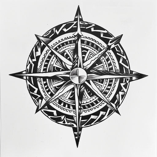 Polynesian tattoo sketch of a compass rose with intricate tribal patterns in bold black ink