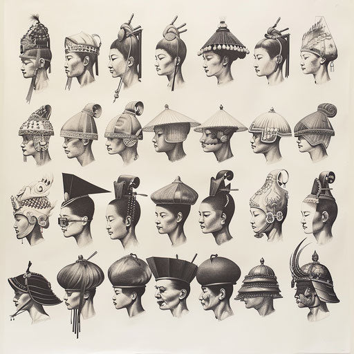 Traditional Chinese hats with tattoo designs on white poster
