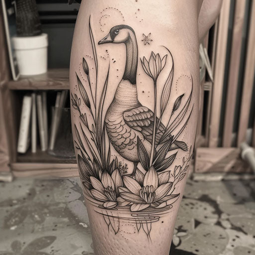 Elegant sketch of a goose surrounded by cattails and water lilies