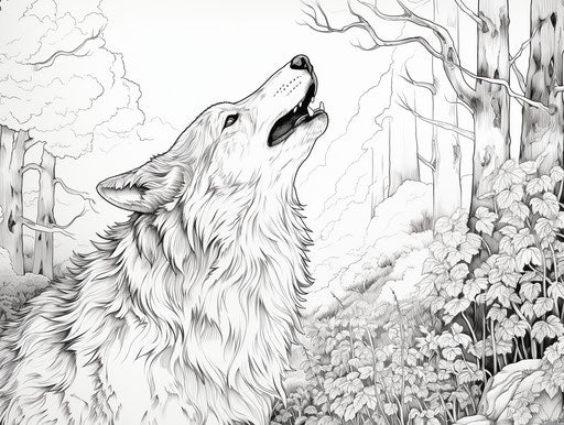 A black and white wolf howling in the woods coloring book pages