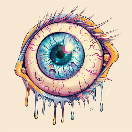 Playful tattoo sketch of expressive cartoon eye, cheerful pastels