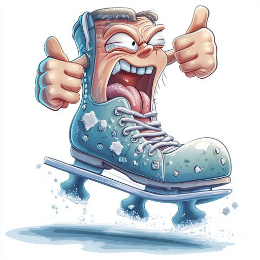 Humorous caricature of an ice skate with human characteristics
