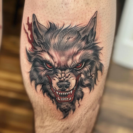 Fierce werewolf face tattoo in black, gray, and red on white canvas