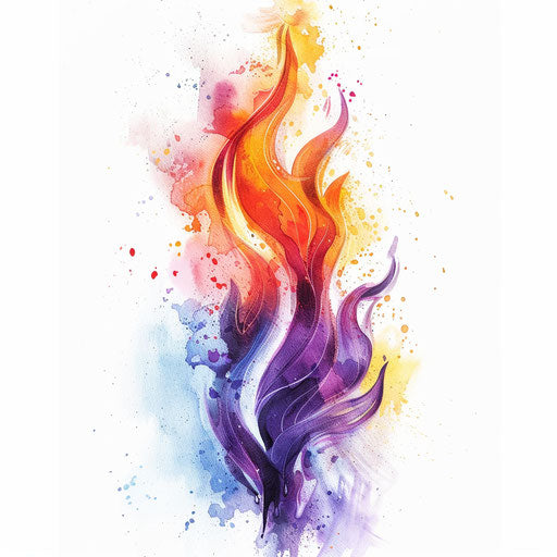 Watercolor flame tattoo design with soft colors on white background