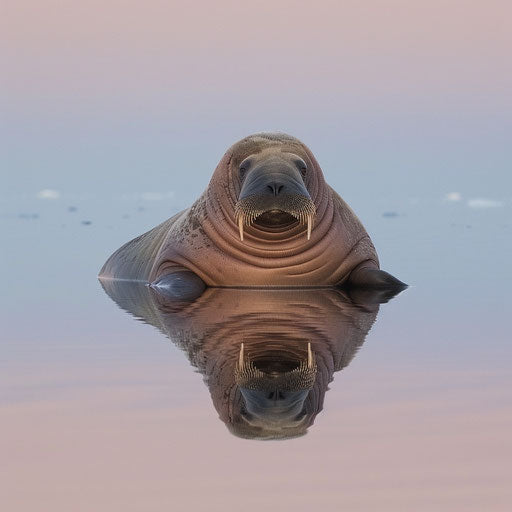 Walrus seal and its reflection in calm waters at dawn