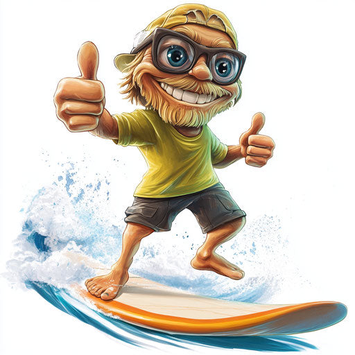 Humorous caricature of a surfing character with human traits