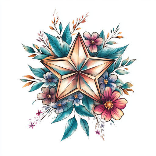 Tattoo sketch of a star on hand with pastel colors and flowers