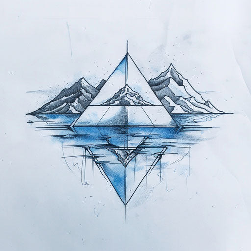 Mirrored pyramid on serene lake in blues and silvers