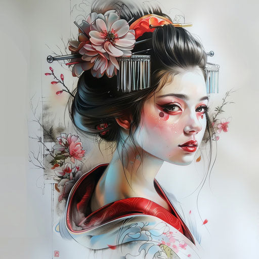 Realistic portrait of a geisha for a tattoo, lifelike detailing and natural colors, on white background.