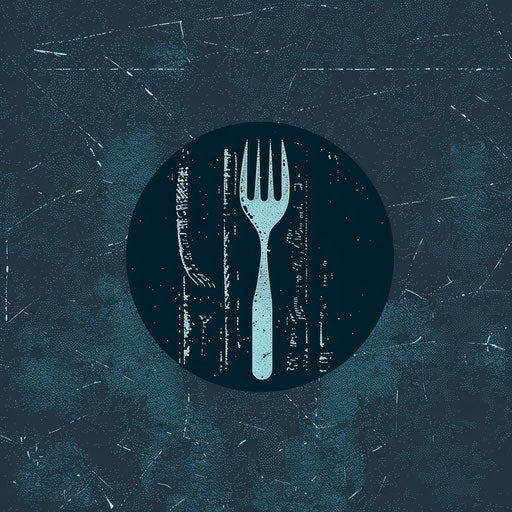 Restaurant logo in navy and cyan with textured background