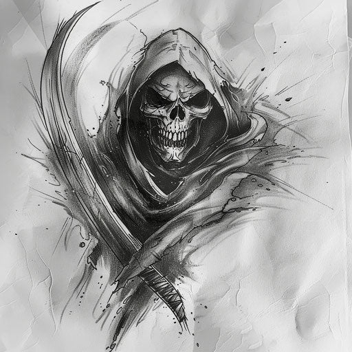 Horror-themed reaper tattoo on white paper