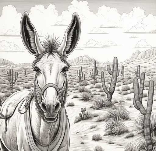 Donkey with Mexican hat in the desert coloring page