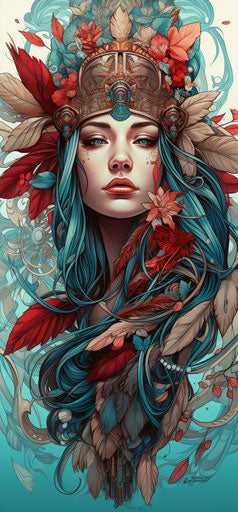 Native American girl drawing, art nouveau style, color splash