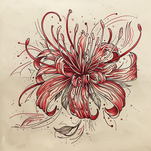 Vintage woodcut of a red spider lily with intricate line work