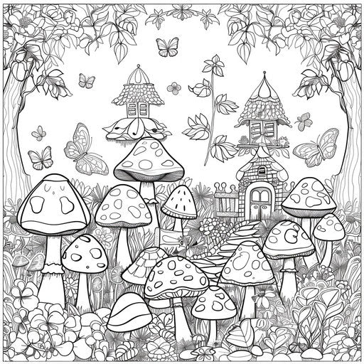 Whimsical fairy garden with toadstools and tiny houses