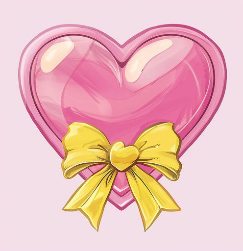 Pink heart with a yellow bow below, iconic 27:28
