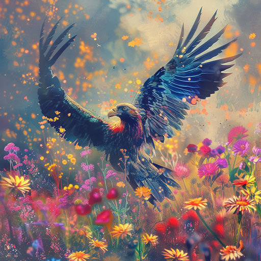 Condor bird among colorful wildflowers