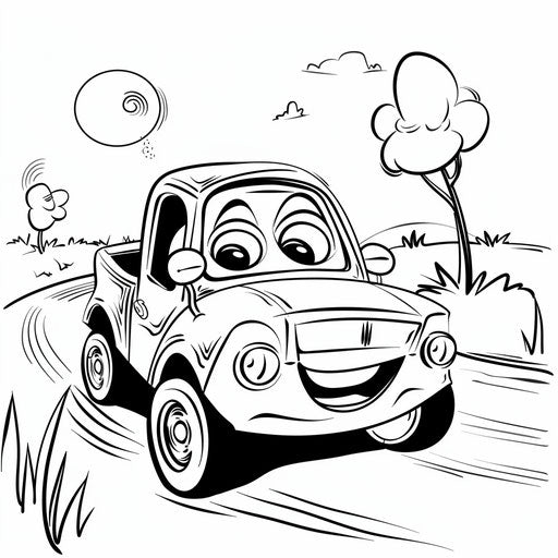 Cheerful cartoon car driving on a road