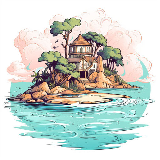 Illustration island in the style of Pastel Colors Art, on white background