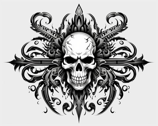 Black and white skull and crossbones logo on white