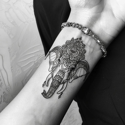 Sketch of intricate elephant with mandala patterns for wrist coverup tattoo for women