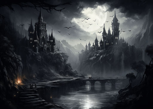 Bird of the night and stone castle black and white inspired by the East
